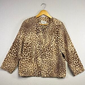 CD Petites Leopard Print Suede Jacket Women's Size L Collarless Zip Up
